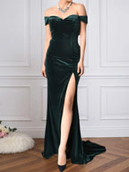 Trumpet/Mermaid schulterfreies bodenlanges Samt Abendkleid