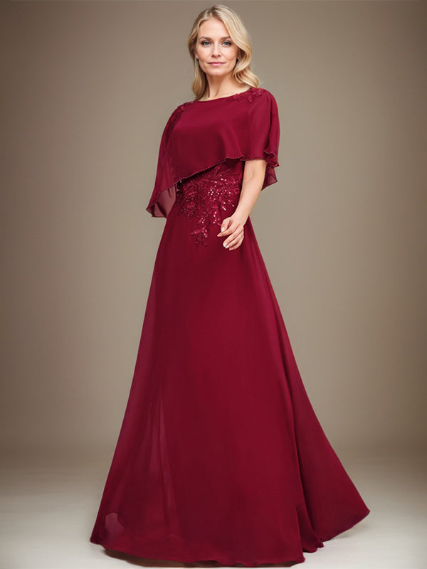 A-Linie Rundhals Bodenlanges Chiffon-Spitzenkleid für die Brautmutter mit Pailletten und Perlen