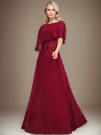 A-Linie Rundhals Bodenlanges Chiffon-Spitzenkleid für die Brautmutter mit Pailletten und Perlen