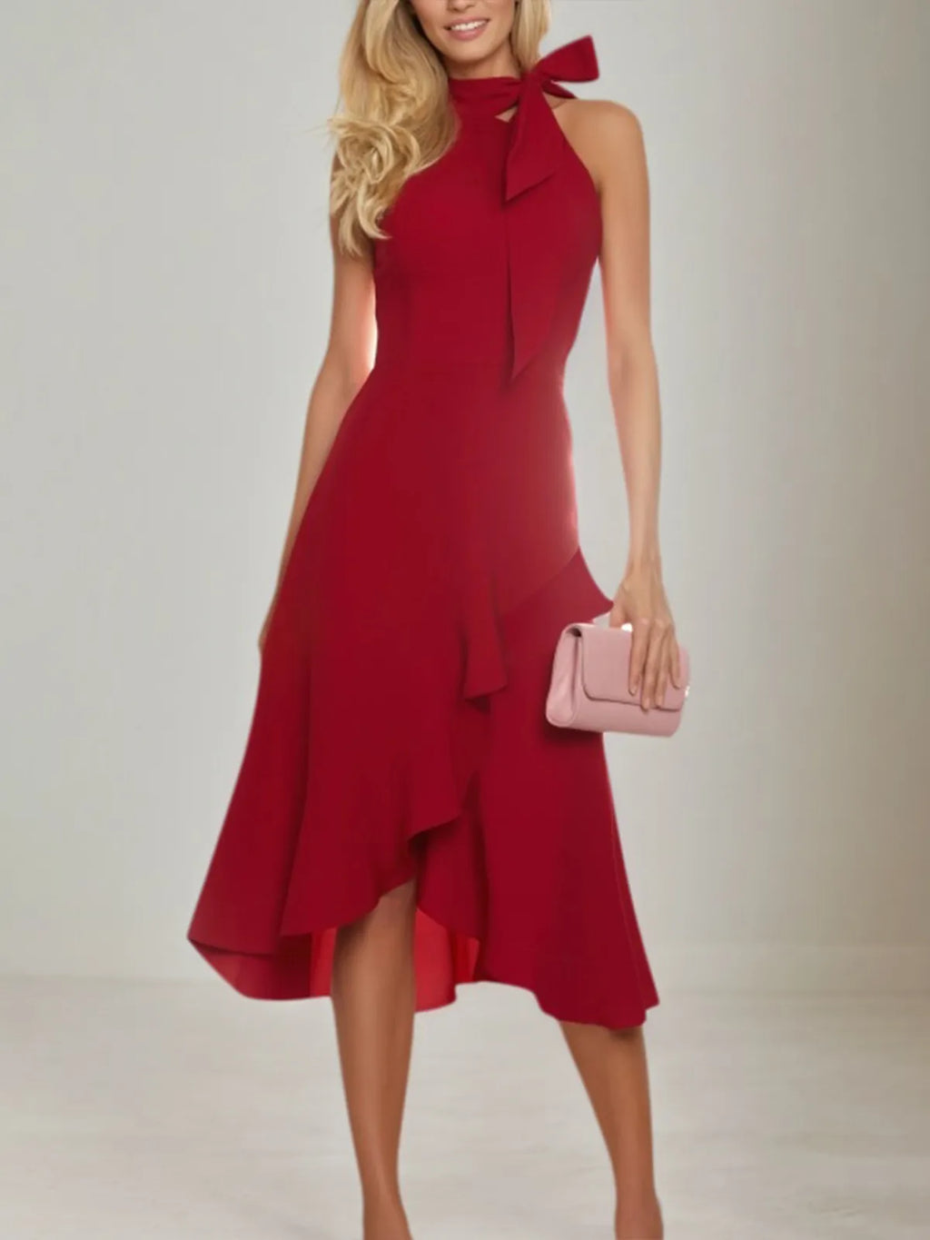 Cocktailparty Wickel Burgunder hoher Kragen Rüschen Midikleid