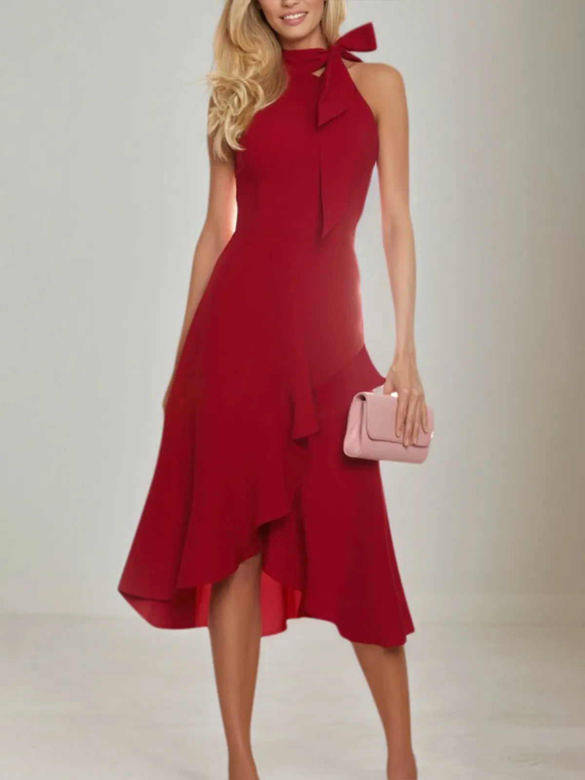 Cocktailparty Wickel Burgunder hoher Kragen Rüschen Midikleid