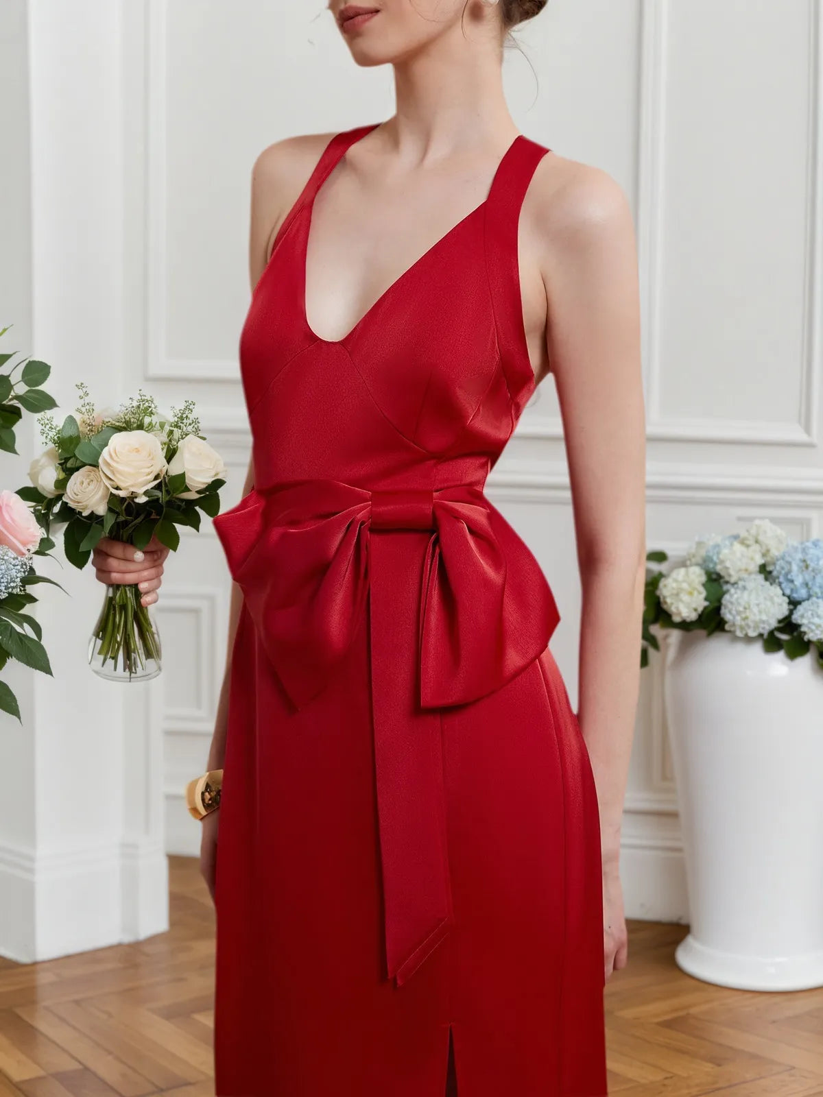 Rotes Midi-Etuikleid/Schlauchkleid mit V-Ausschnitt, ärmellos und Schleife