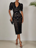 Black Buckle Lace Shawl Collar Short Sleeve Puff Sleeve Sheath Midi Dress
