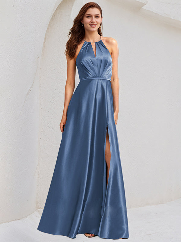 A Line Satin Halter Neck Sleeveless Floor Length Bridesmaid Dress