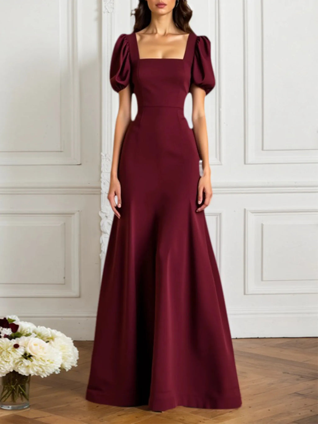 Evening Formal Dress Burgundy Square Neck Maxi Dress