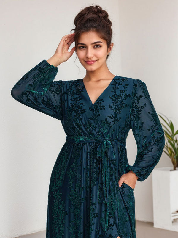 A-Linien V-Ausschnitt langärmliges Samt Tee-Länge Kleid für die Brautmutter mit Schlitz