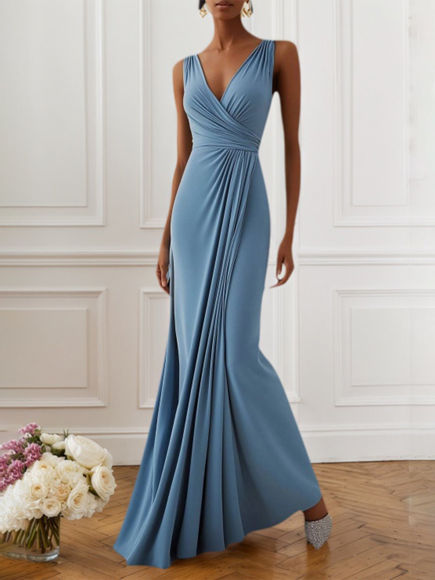 Abito da invitata a un matrimonio autunnale, azzurro chiaro, lungo plissettato con spalline sottili