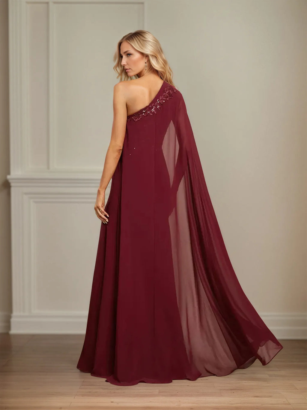 Vestido de Mãe da Noiva em Chiffon, Modelo Tubinho/Coluna, Ombro Único, Comprimento Longo com Apliques