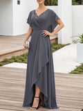 Mutter-der-Braut-Kleid Grau Spitze V-Ausschnitt Chiffon Maxikleid