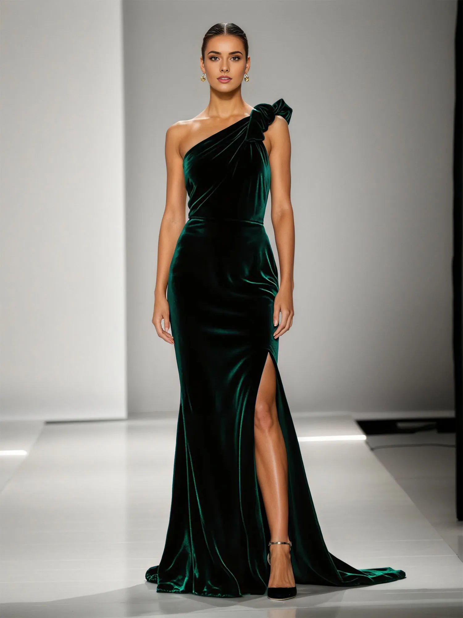 Mermaid Dark Green One Shoulder Velvet Evening Dress With Slit
