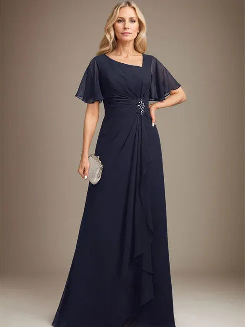 A-Linien asymmetrisches bodenlanges Chiffon Mutter-der-Braut-Kleid mit plissierten Perlen und Pailletten