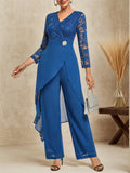 Conjunto de dos piezas para mujer: top azul de encaje con escote en V y mangas tres cuartos para madre del novio o la novia con pantalones