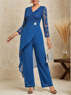 Conjunto de dos piezas para mujer: top azul de encaje con escote en V y mangas tres cuartos para madre del novio o la novia con pantalones