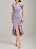 Vestido midi clásico en línea tubo lavanda con flores 3D fruncido, escote en V y mangas cortas