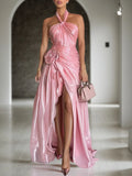 Pink Flash 3D Floral Classic Halter Sleeveless A-Line Maxi Dress