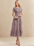 Robe de mère de la mariée A-line en tulle et dentelle, col arrondi, longueur thé