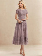 Robe de mère de la mariée A-line en tulle et dentelle, col arrondi, longueur thé