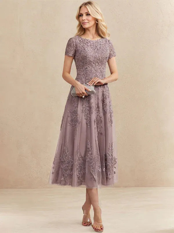 Robe de mère de la mariée A-line en tulle et dentelle, col arrondi, longueur thé