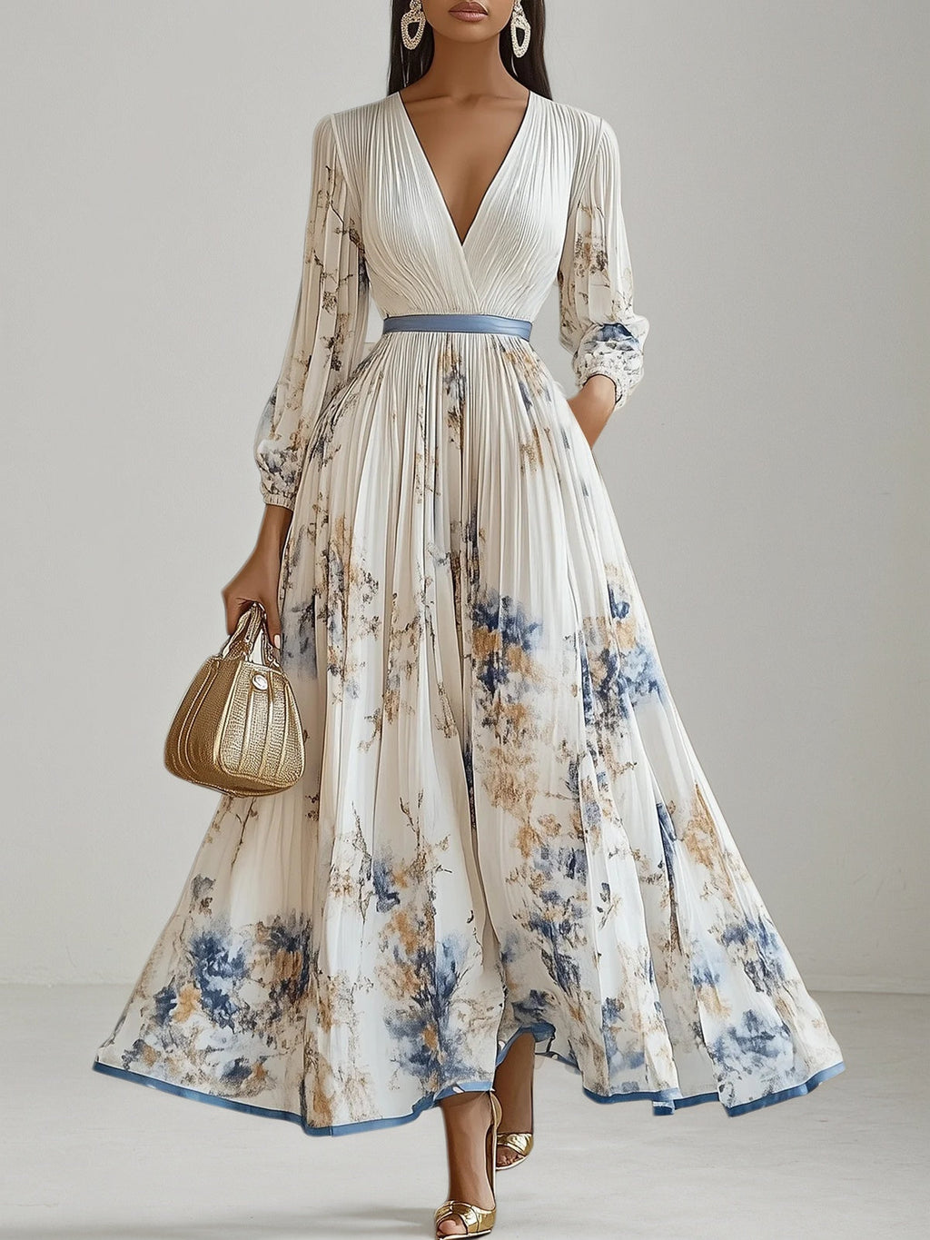 White Pleated Chiffon V Neck Floral Long Sleeve Balloon Sleeve A-Line Maxi Dress