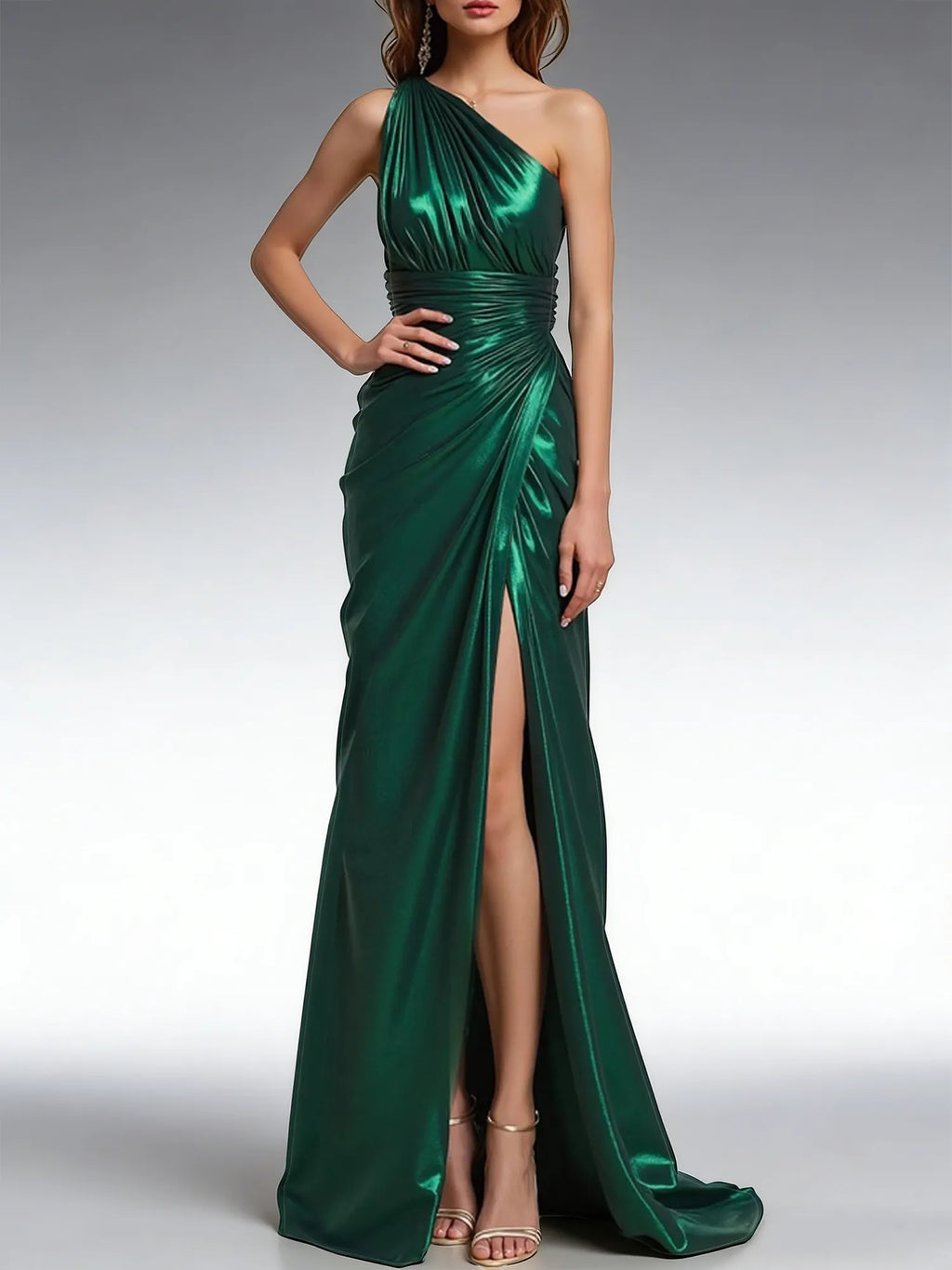 Vestido formal largo esmeralda de satén metálico con abertura y un solo hombro
