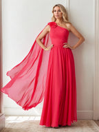 Chiffon One Shoulder 3D Floral Floor-Length Evening Dress