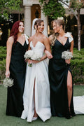 Black V-Neck Mermaid Spaghetti Straps Satin Long Bridesmaid Dress with Bow