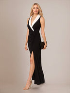 Abito da madre della sposa nero in chiffon con scollo profondo a V, lunghezza alla caviglia e spacco alto