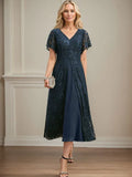 A-Linien V-Ausschnitt tea-langes Spitzen-Chiffon-Mutter-der-Braut-Kleid