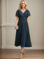 A-Linien V-Ausschnitt tea-langes Spitzen-Chiffon-Mutter-der-Braut-Kleid