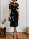 Schwarzes florales Mesh-Samt Kleid mit Rundhalsausschnitt, kurzen Ärmeln und A-Linien-Midilänge