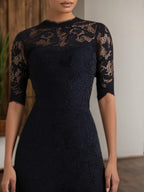 Abito da cocktail nero midi in pizzo con scollo tondo