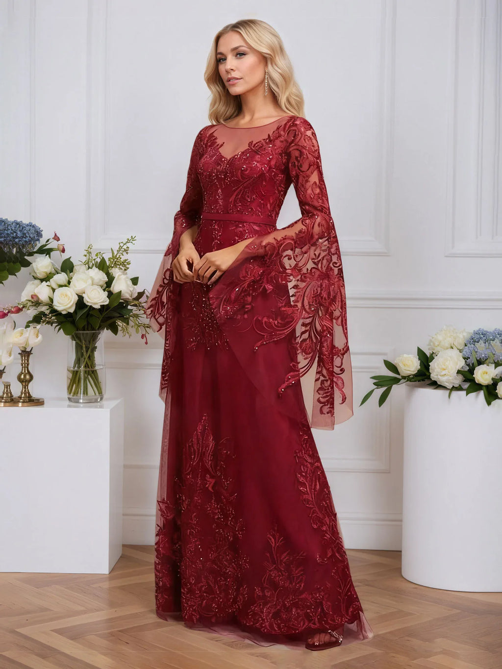 A-line Scoop Illusion Floor-Length Tulle Lace Evening Dress With Sequins