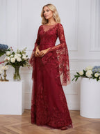 A-line Scoop Illusion Floor-Length Tulle Lace Evening Dress With Sequins