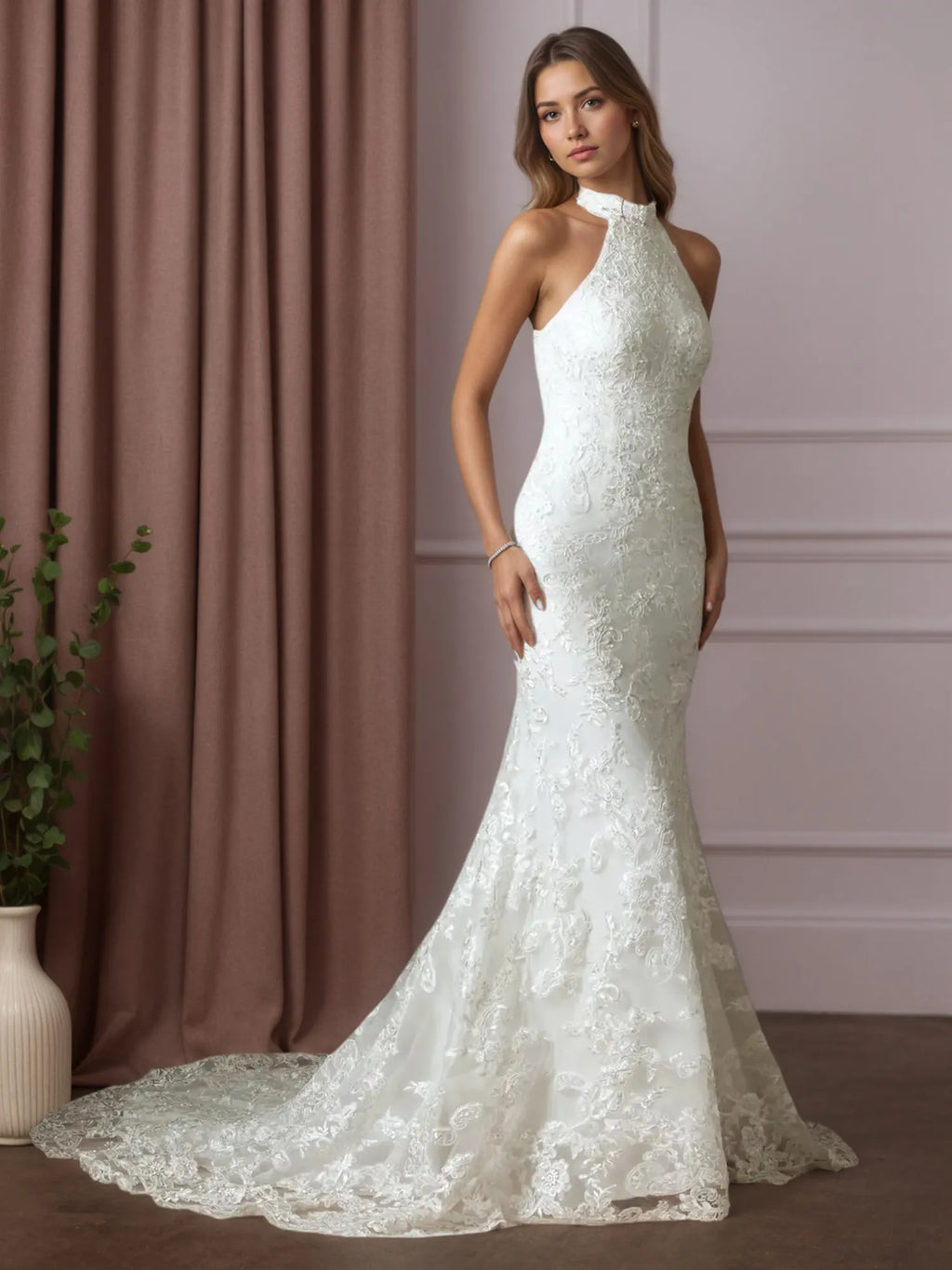 Abito da sposa bianco a tromba/sirena in pizzo plissettato