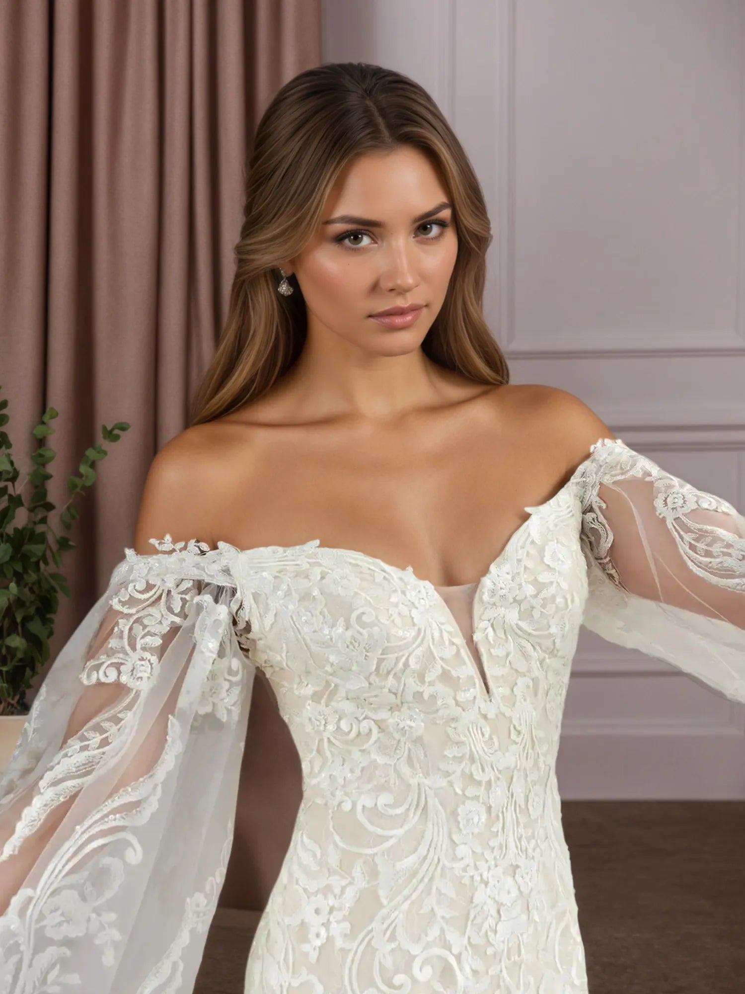 Abito da sposa sirena bianco champagne con scollo a V, paillettes e pizzo
