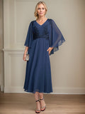 A-Linien-Brautmutterkleid aus Chiffon, V-Ausschnitt, tea-length mit Spitze, Pailletten und Perlen