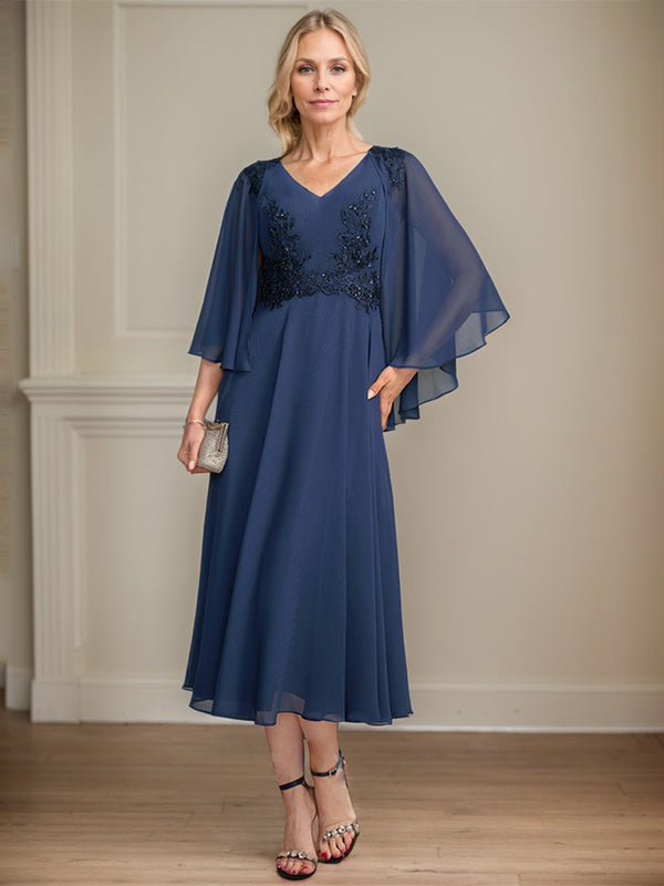 A-Linien-Brautmutterkleid aus Chiffon, V-Ausschnitt, tea-length mit Spitze, Pailletten und Perlen