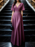 Evening Dress Purple V Neck Belted Maxi Mother of the Bride Dress