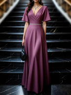 Evening Dress Purple V Neck Belted Maxi Mother of the Bride Dress