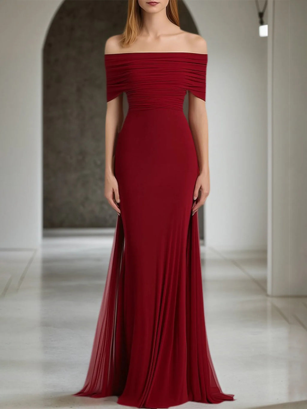Evening Formal Dress Red Off-The-Shoulder Chiffon Maxi Gown