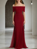Evening Formal Dress Red Off-The-Shoulder Chiffon Maxi Gown