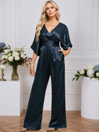 Jumpsuits V-Neck Floor-Length Stretch Satin Evening Dress With Pleated
