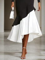 Formal Evening Dress Black White Stand Collar Ruffle Maxi Dress