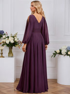A-line Cold Shoulder V-Neck Floor-Length Chiffon Evening Dress With Cascading Ruffles Beading