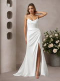 Vestido de novia sirena blanco con escote en V y satén elástico
