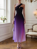 Abito lungo a linea ad A in chiffon viola sfumato con una spalla e senza maniche