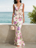 White Bow Floral V Neck Sleeveless Mermaid Gown Satin Dress