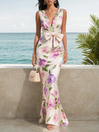 White Bow Floral V Neck Sleeveless Mermaid Gown Satin Dress