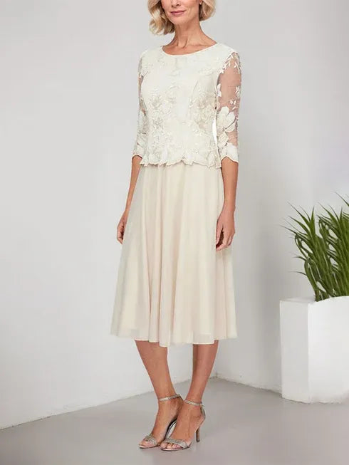 A-Linie Rundhals Tee-Länge Spitze Chiffon Mutter-der-Braut-Kleid mit Stickerei