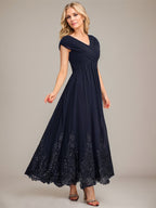 A-Linien V-Ausschnitt Knöchellanges Chiffon Kleid der Brautmutter mit Applikationen und Pailletten